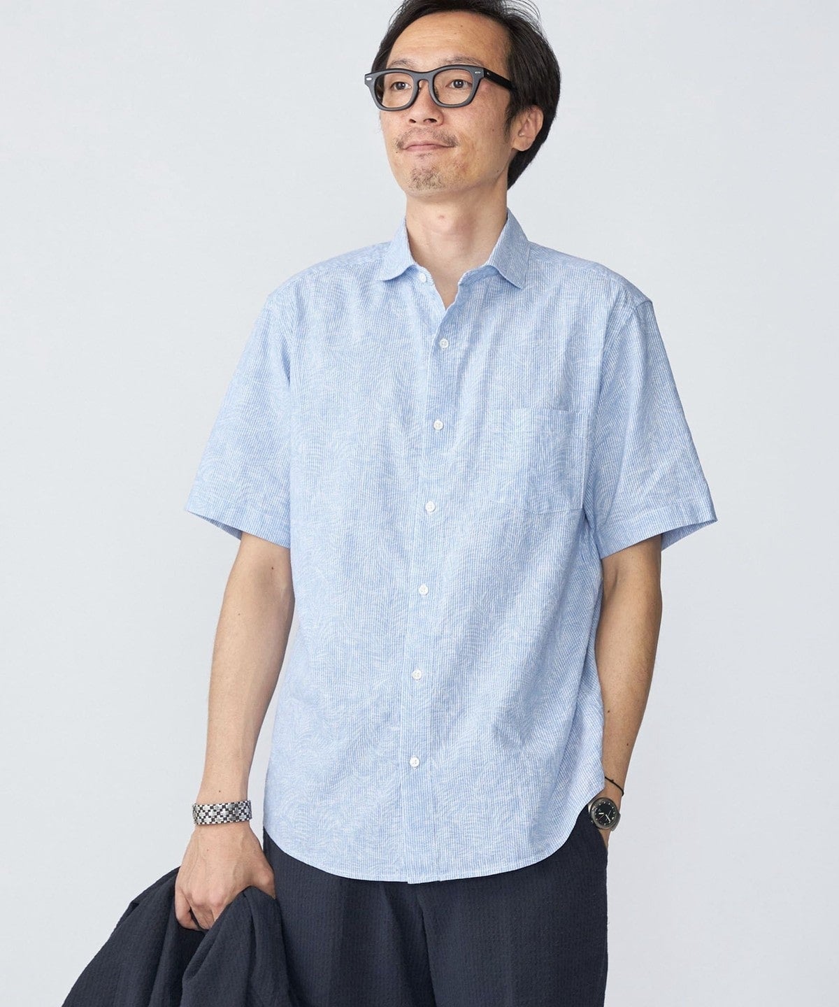 SHIPS: コットン/リネン モチーフ プリント ワイドカラー シャツ