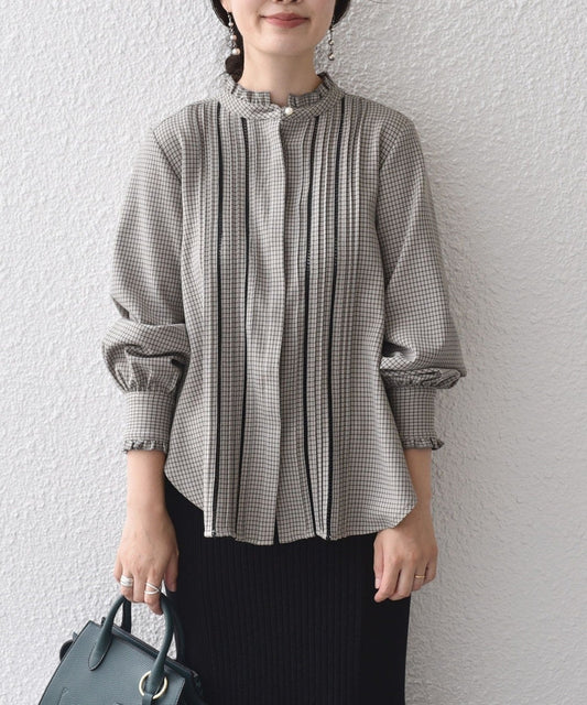 〈手洗い可能〉配色 チェック ソリッド ハシゴレース ピンタック ブラウス