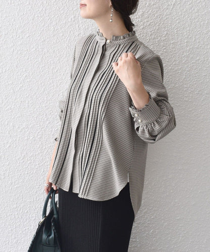 〈手洗い可能〉配色 チェック ソリッド ハシゴレース ピンタック ブラウス