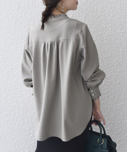 〈手洗い可能〉配色 チェック ソリッド ハシゴレース ピンタック ブラウス