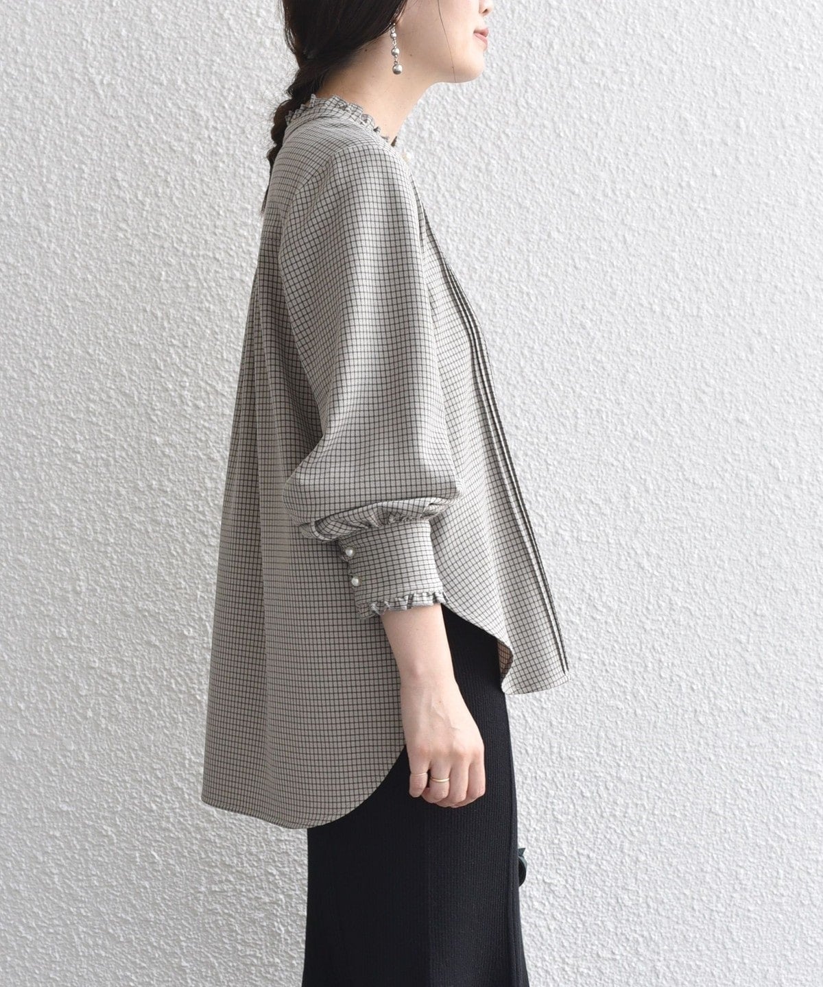 〈手洗い可能〉配色 チェック ソリッド ハシゴレース ピンタック ブラウス
