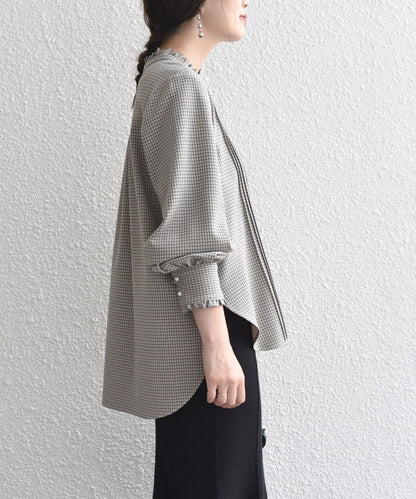 〈手洗い可能〉配色 チェック ソリッド ハシゴレース ピンタック ブラウス