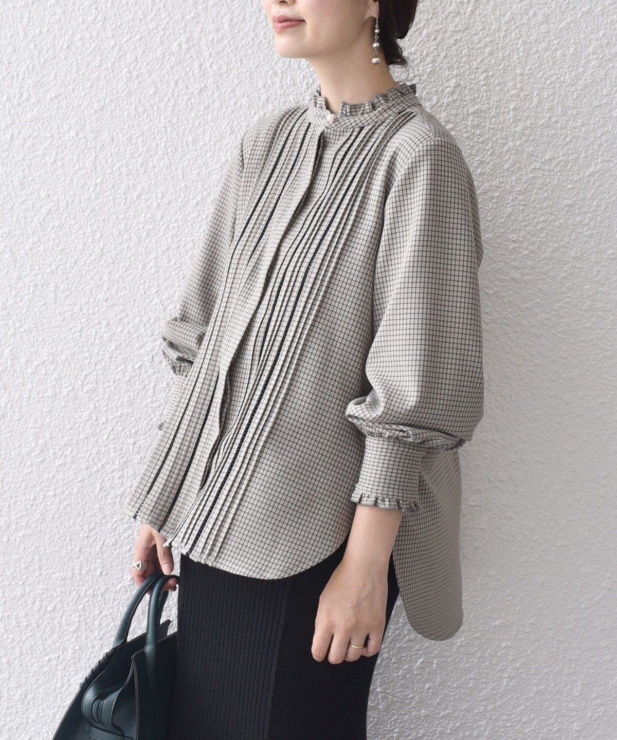 〈手洗い可能〉配色 チェック ソリッド ハシゴレース ピンタック ブラウス