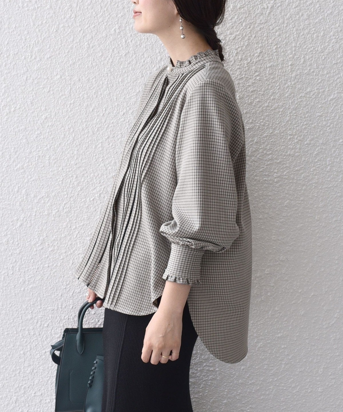 〈手洗い可能〉配色 チェック ソリッド ハシゴレース ピンタック ブラウス