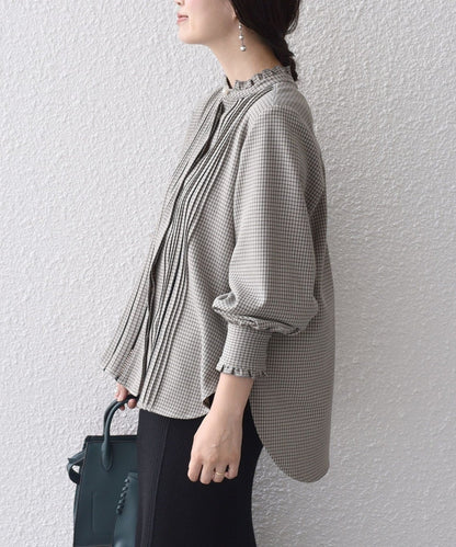 〈手洗い可能〉配色 チェック ソリッド ハシゴレース ピンタック ブラウス