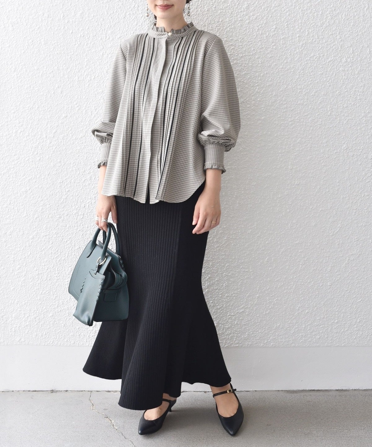 〈手洗い可能〉配色 チェック ソリッド ハシゴレース ピンタック ブラウス