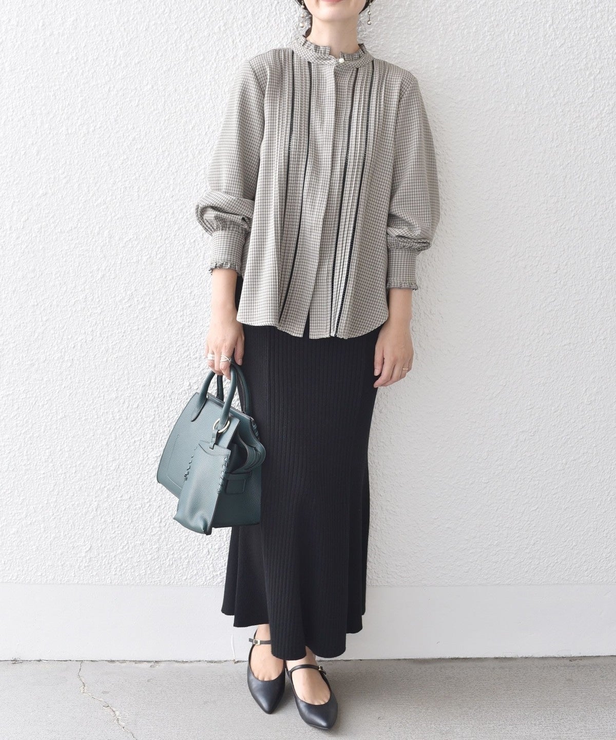 〈手洗い可能〉配色 チェック ソリッド ハシゴレース ピンタック ブラウス