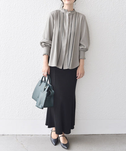 〈手洗い可能〉配色 チェック ソリッド ハシゴレース ピンタック ブラウス