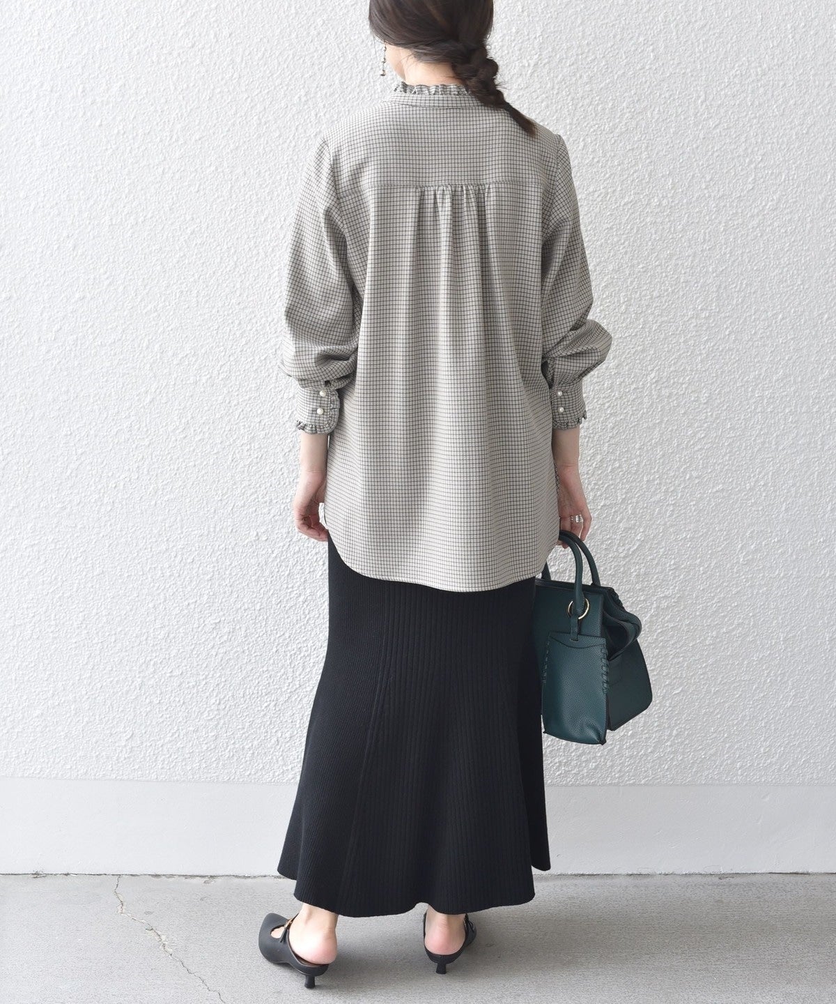 〈手洗い可能〉配色 チェック ソリッド ハシゴレース ピンタック ブラウス