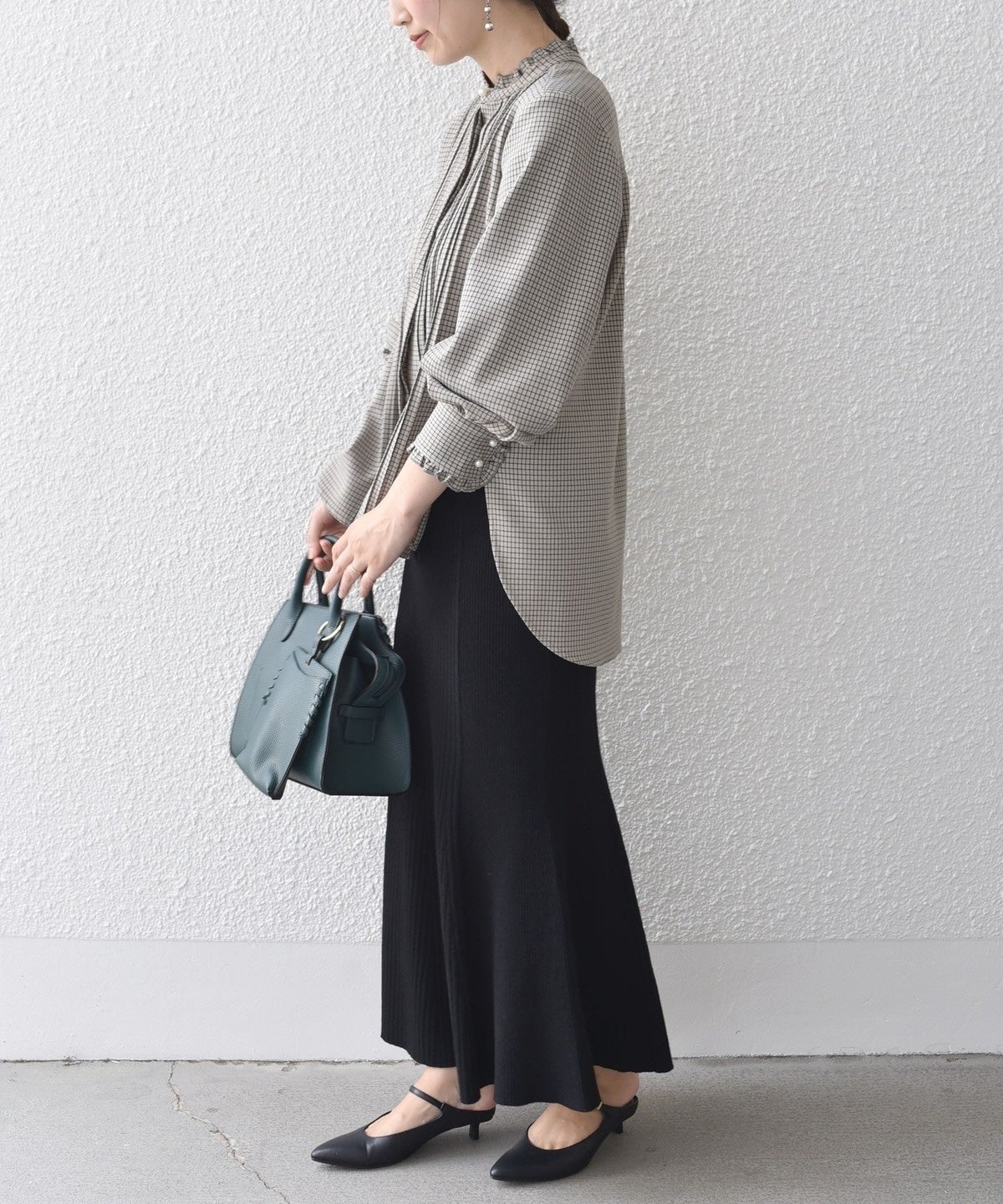 〈手洗い可能〉配色 チェック ソリッド ハシゴレース ピンタック ブラウス