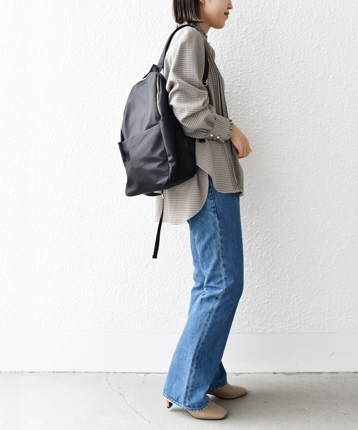 〈手洗い可能〉配色 チェック ソリッド ハシゴレース ピンタック ブラウス