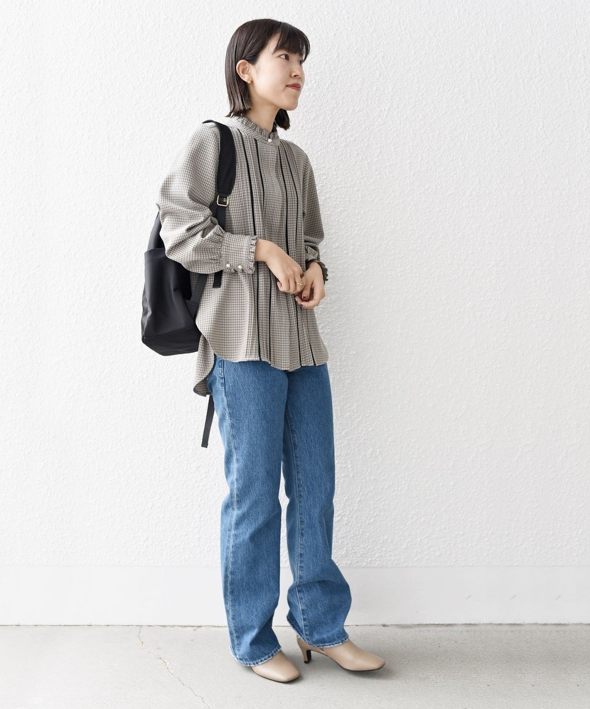 〈手洗い可能〉配色 チェック ソリッド ハシゴレース ピンタック ブラウス