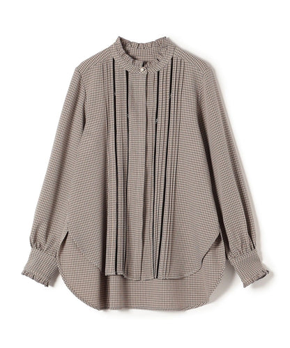 〈手洗い可能〉配色 チェック ソリッド ハシゴレース ピンタック ブラウス