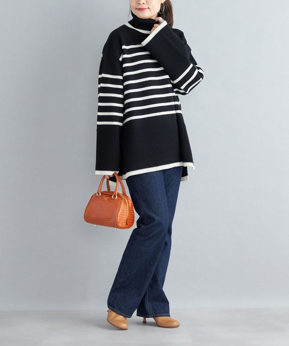 〈手洗い可能〉メリノウール ボーダー ワイドスリーブ タートルネック ニット