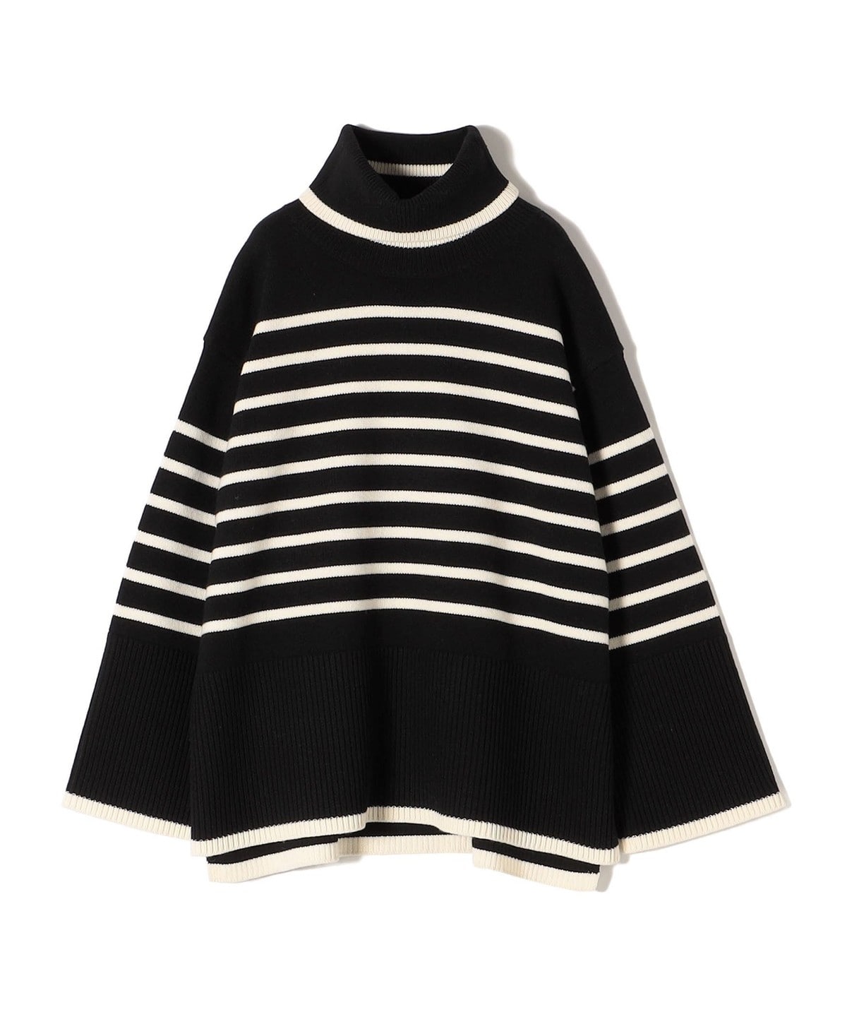 〈手洗い可能〉メリノウール ボーダー ワイドスリーブ タートルネック ニット