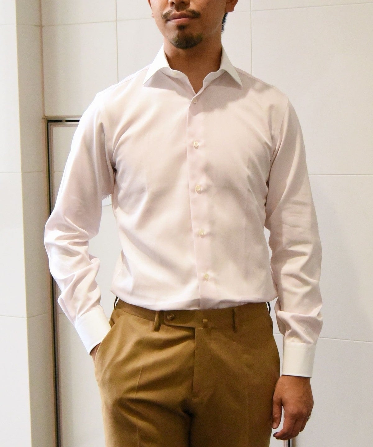 SHIPS: イージーアイロン ドビー 無地 ワイドカラー クレリック シャツ