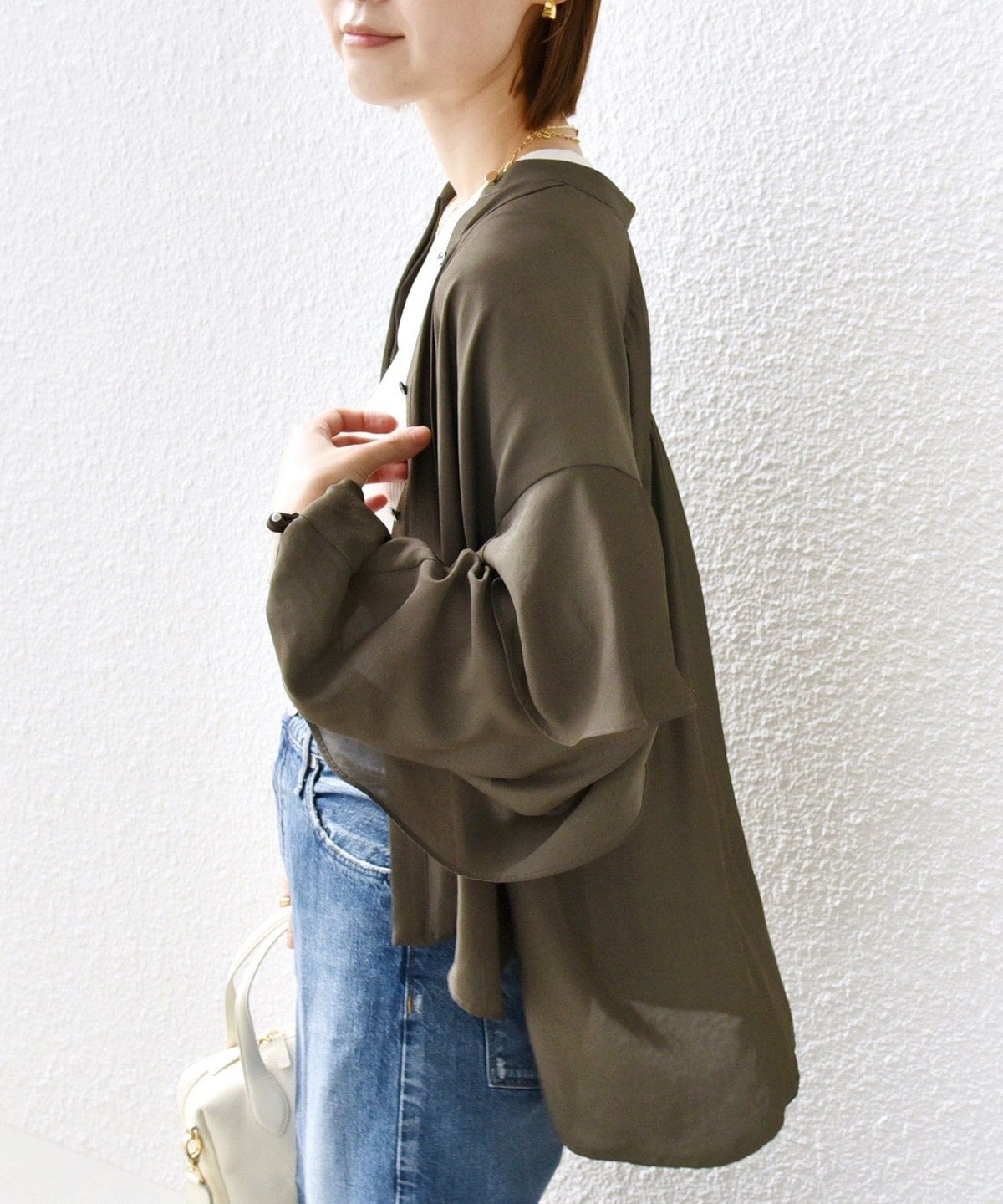 〈手洗い可能〉ドライ ツイスト 袖 ラッフル ロング スリーブ ブラウス