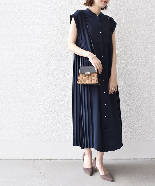 〈手洗い可能〉ストレッチ ジョーゼット プリーツ ワンピース