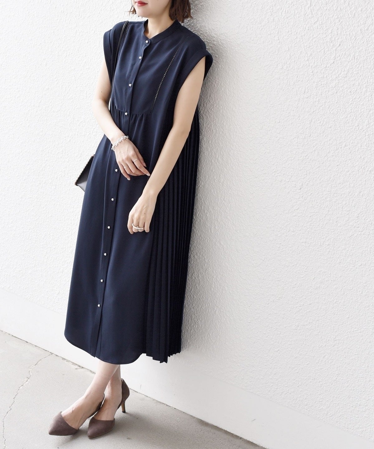 〈手洗い可能〉ストレッチ ジョーゼット プリーツ ワンピース