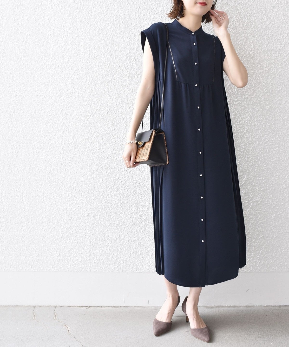 〈手洗い可能〉ストレッチ ジョーゼット プリーツ ワンピース