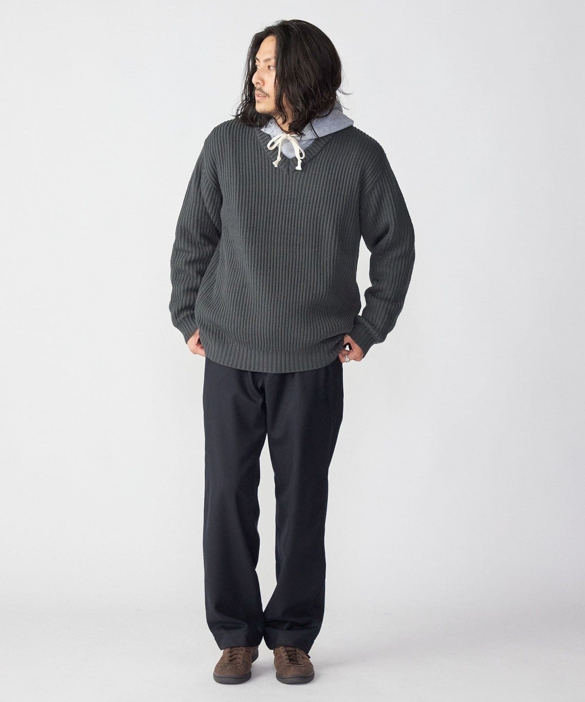 SHIPS:〈手洗い可能〉リラックスフィット 畔編み Vネック ニット