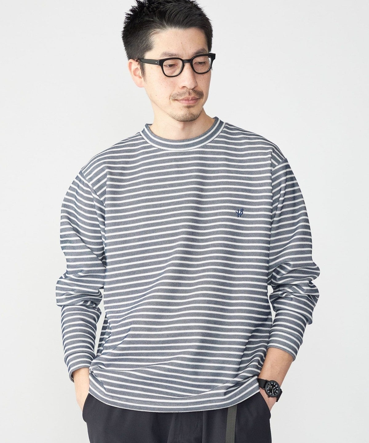 【WEB限定】SHIPS: ワンポイント ロゴ バーズアイ クルーネック ロングスリーブ Tシャツ