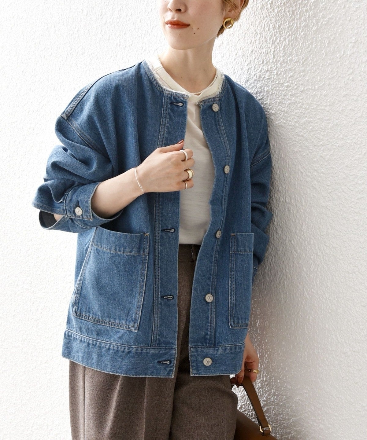 SHIPS any: ノーカラー デニム ブルゾン［SHIPS any DENIM］