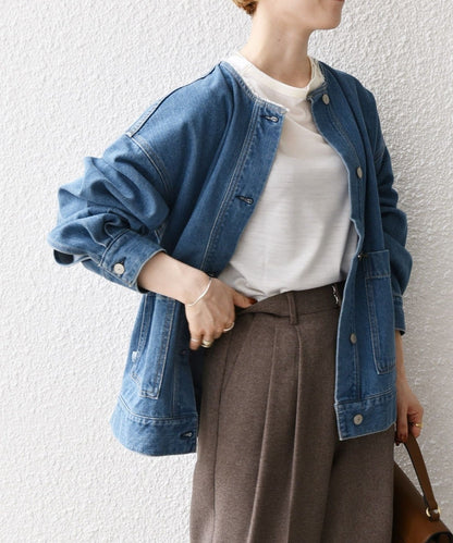 SHIPS any: ノーカラー デニム ブルゾン［SHIPS any DENIM］
