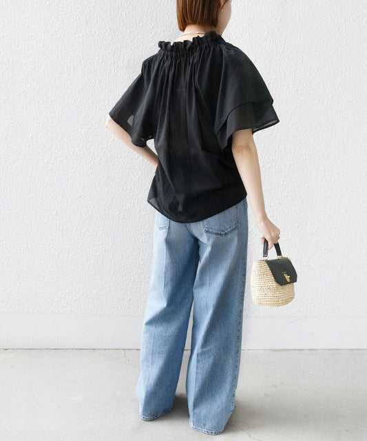 〈手洗い可能〉コットンボイル ネックギャザー ボウタイ ブラウス