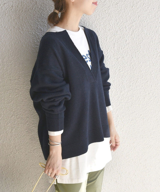 SHIPS any: ネック スリット ニット プルオーバー