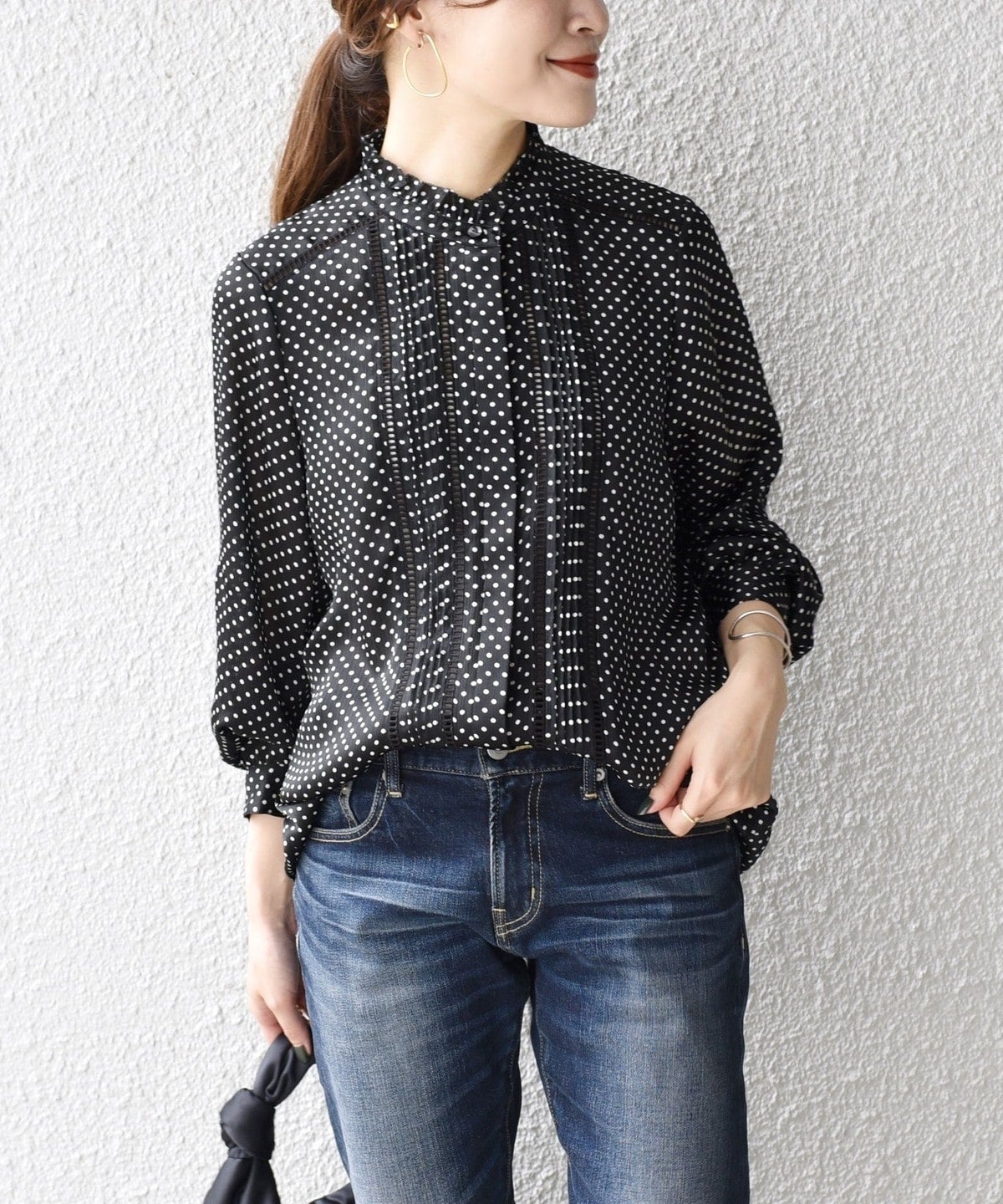 〈手洗い可能〉ドット／ソリッドフリルピンタックレースブラウス
