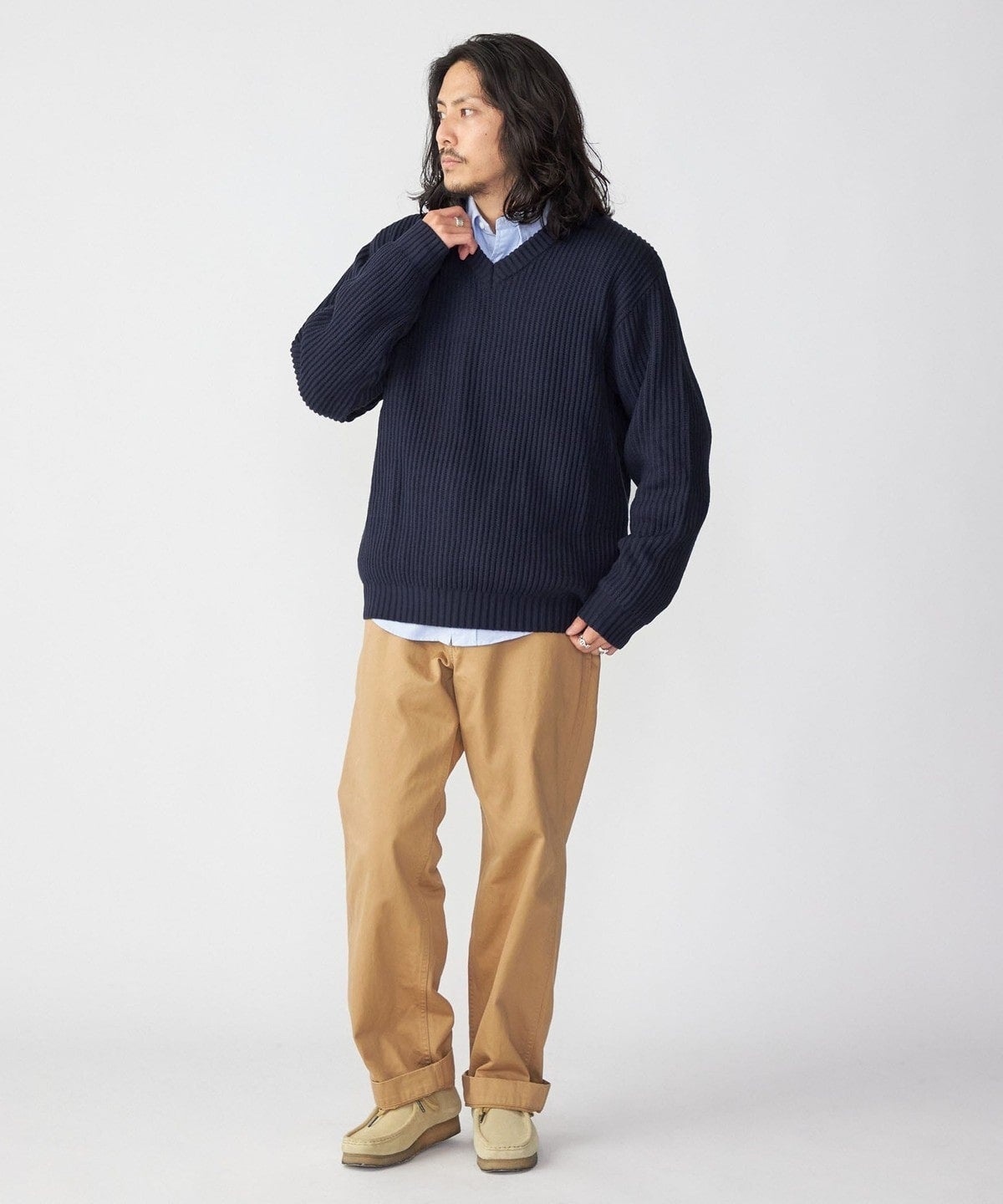 SHIPS:〈手洗い可能〉リラックスフィット 畔編み Vネック ニット