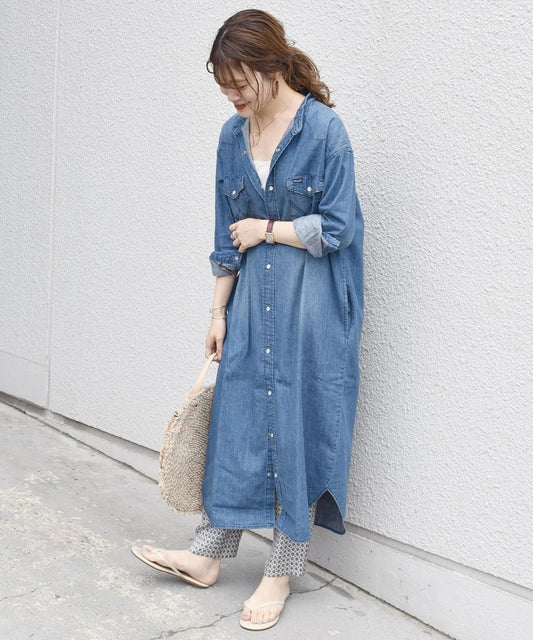 【SHIPS別注】Wrangler: ノーカラーデニムシャツワンピース
