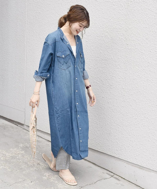 【SHIPS別注】Wrangler: ノーカラーデニムシャツワンピース