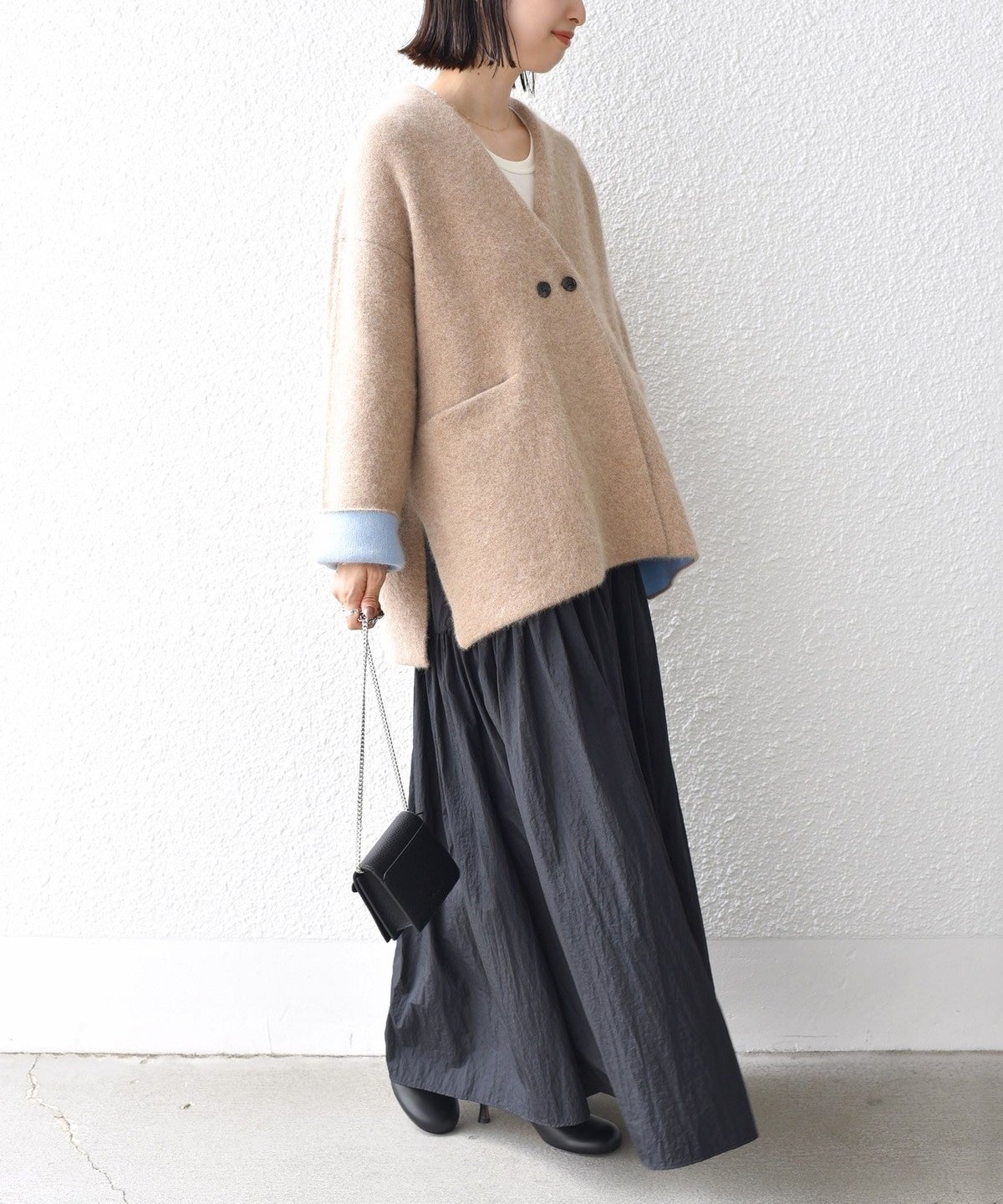 〈手洗い可能〉フォックス混 配色 ガウン カーディガン