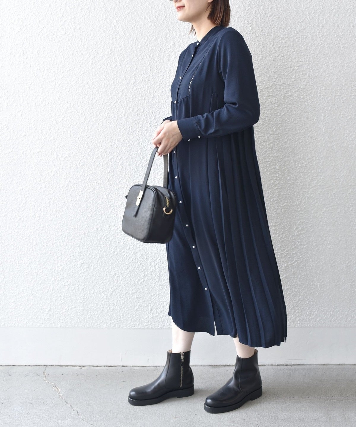 〈手洗い可能〉ストレッチ ジョーゼット ロング スリーブ プリーツ ワンピース