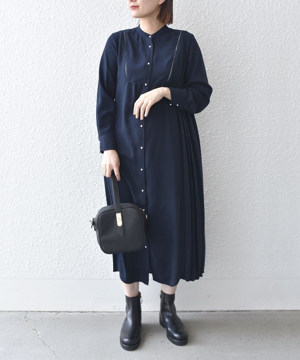 〈手洗い可能〉ストレッチ ジョーゼット ロング スリーブ プリーツ ワンピース