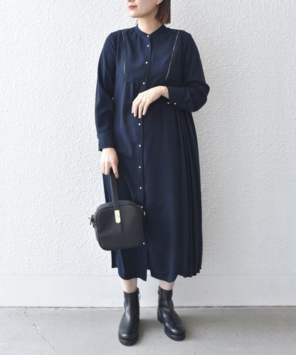 〈手洗い可能〉ストレッチ ジョーゼット ロング スリーブ プリーツ ワンピース