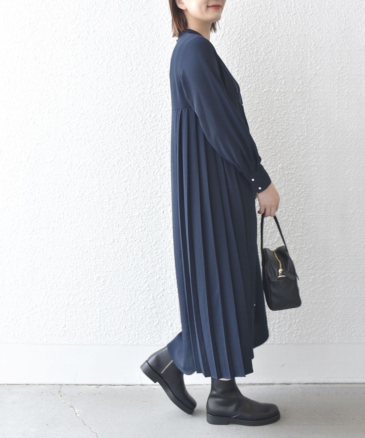 〈手洗い可能〉ストレッチ ジョーゼット ロング スリーブ プリーツ ワンピース