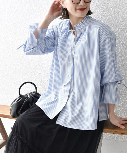 〈手洗い可能〉ブロード ストライプ キャンディ スリーブ ブラウス