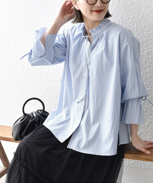 〈手洗い可能〉ブロード ストライプ キャンディ スリーブ ブラウス