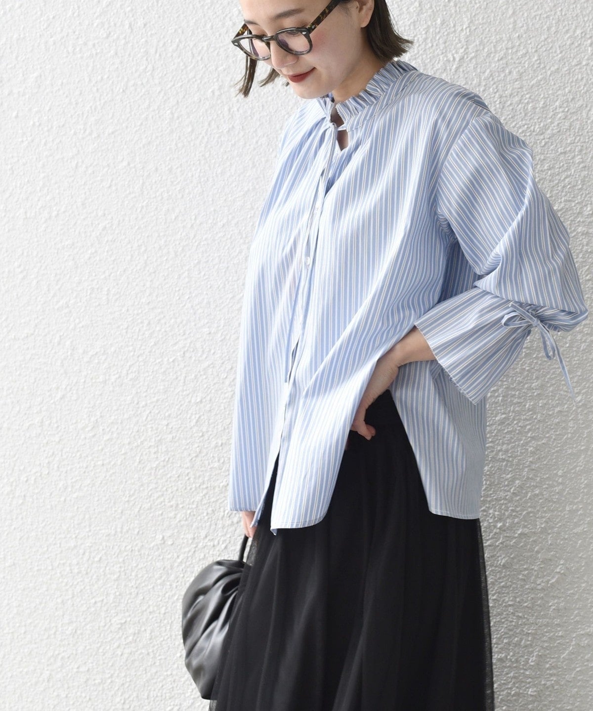 〈手洗い可能〉ブロード ストライプ キャンディ スリーブ ブラウス