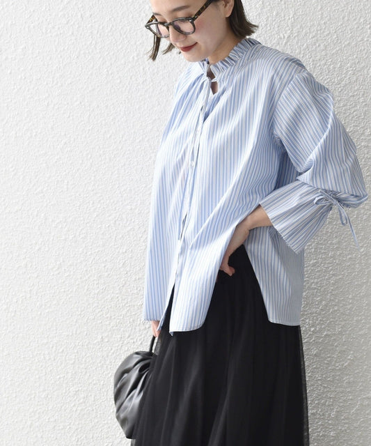 〈手洗い可能〉ブロード ストライプ キャンディ スリーブ ブラウス