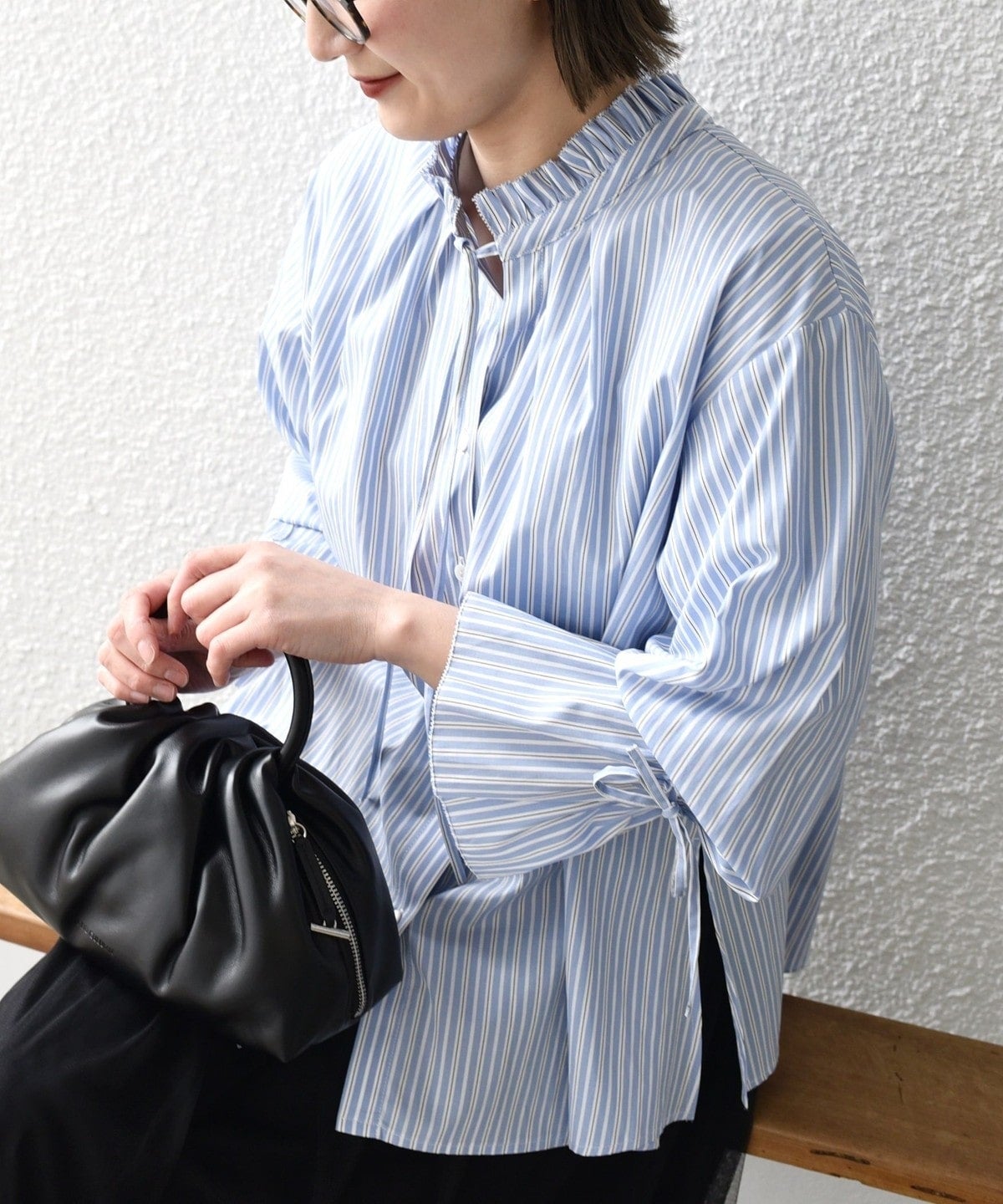 〈手洗い可能〉ブロード ストライプ キャンディ スリーブ ブラウス