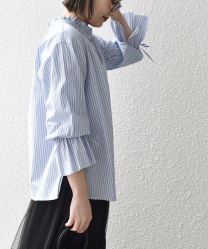 〈手洗い可能〉ブロード ストライプ キャンディ スリーブ ブラウス