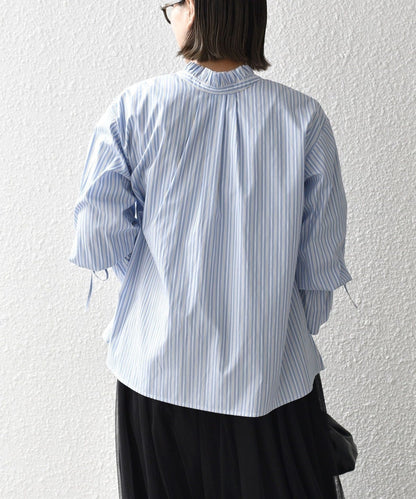 〈手洗い可能〉ブロード ストライプ キャンディ スリーブ ブラウス