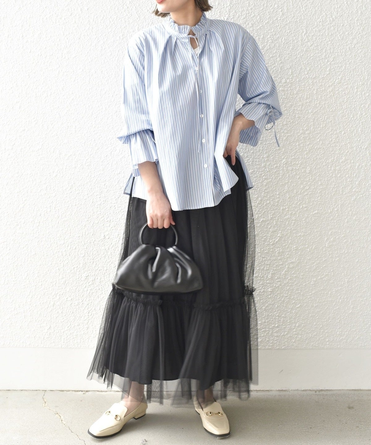 〈手洗い可能〉ブロード ストライプ キャンディ スリーブ ブラウス