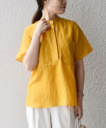 〈手洗い可能〉麻混 バンドカラー 半袖 ブラウス
