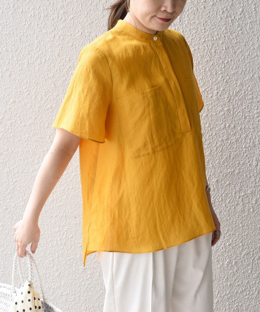 〈手洗い可能〉麻混 バンドカラー 半袖 ブラウス