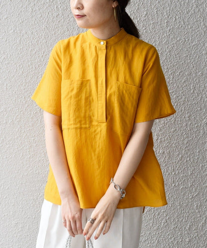 〈手洗い可能〉麻混 バンドカラー 半袖 ブラウス